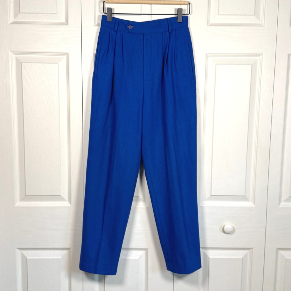 Vintage Chaus Petites Royal Blue Virgin Wool Pleated Trousers High Waist Size 8